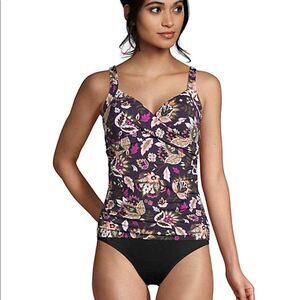 Lands' End V neck Wrap Underwire Tankini Blackberry Jacobean Women 12 Twist